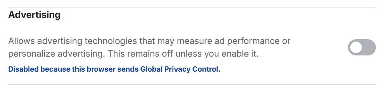 The Advertising category switched off, with a note that the browser sends Global Privacy Control