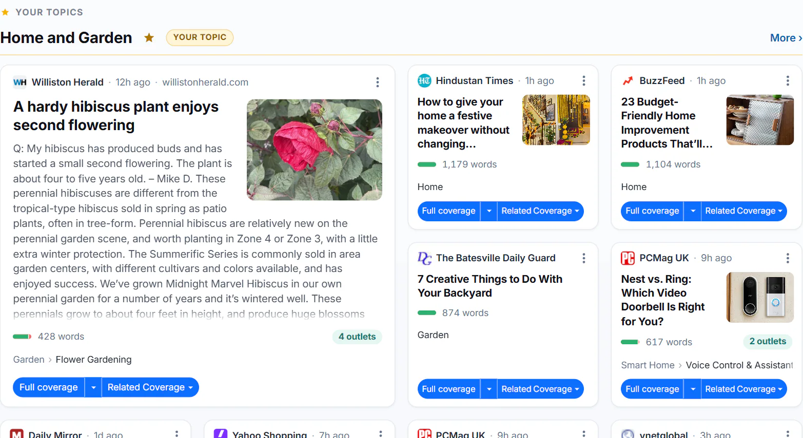 The front page for a visitor who follows topics: a Your topics heading with a star, then a group for a followed topic marked Your topic, ahead of the groups headed Popular now